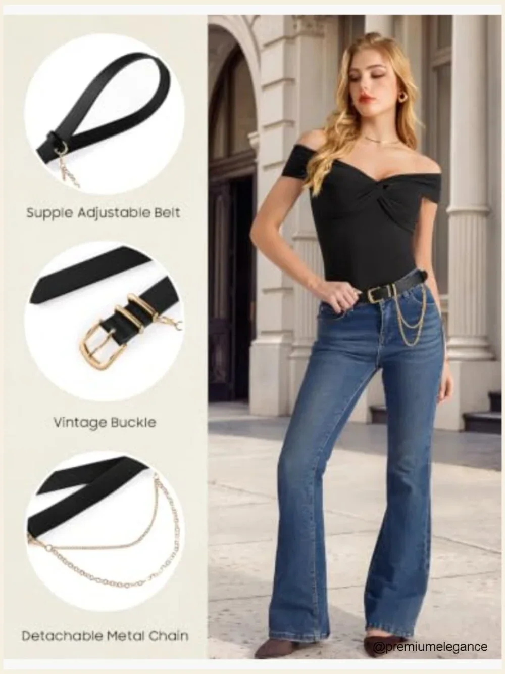 Women's Faux Leather Belt with Detachable Chain, Adjustable Waist